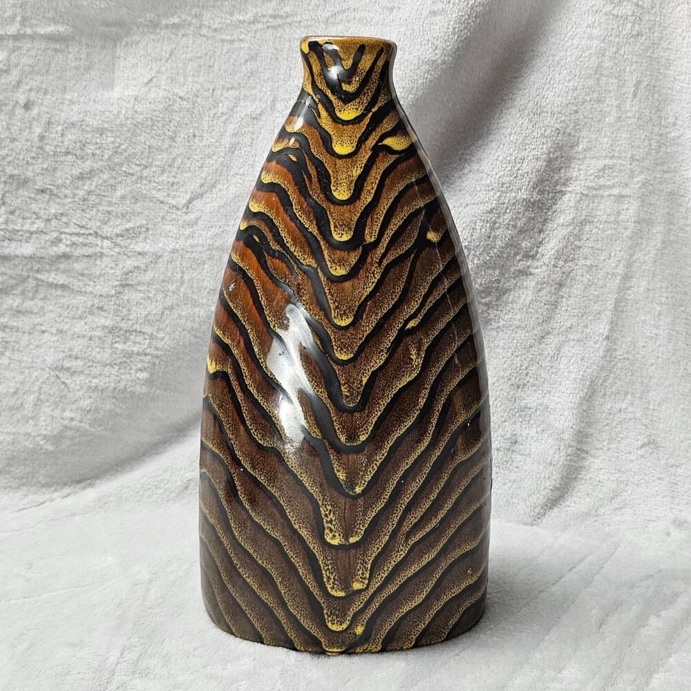 Studio Art Pottery Vase Tiger Stripe Chevron Glaze Wedge Form Brown Gold 12in